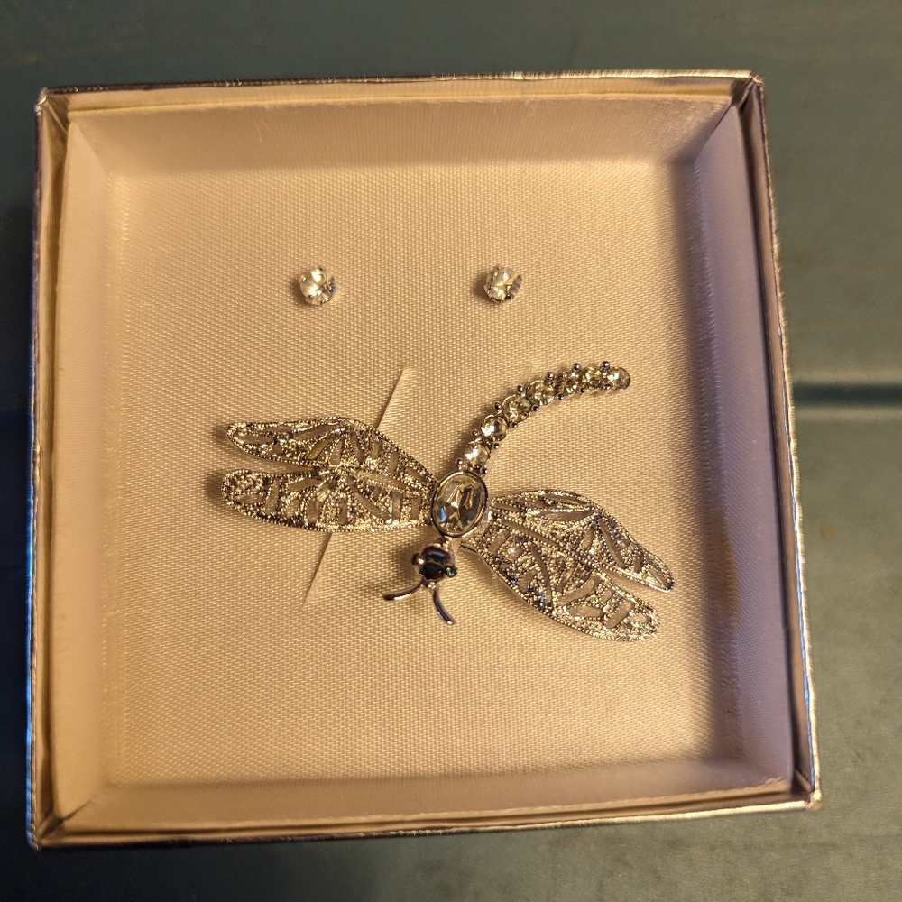 Dragonfly brooch with stud earrings